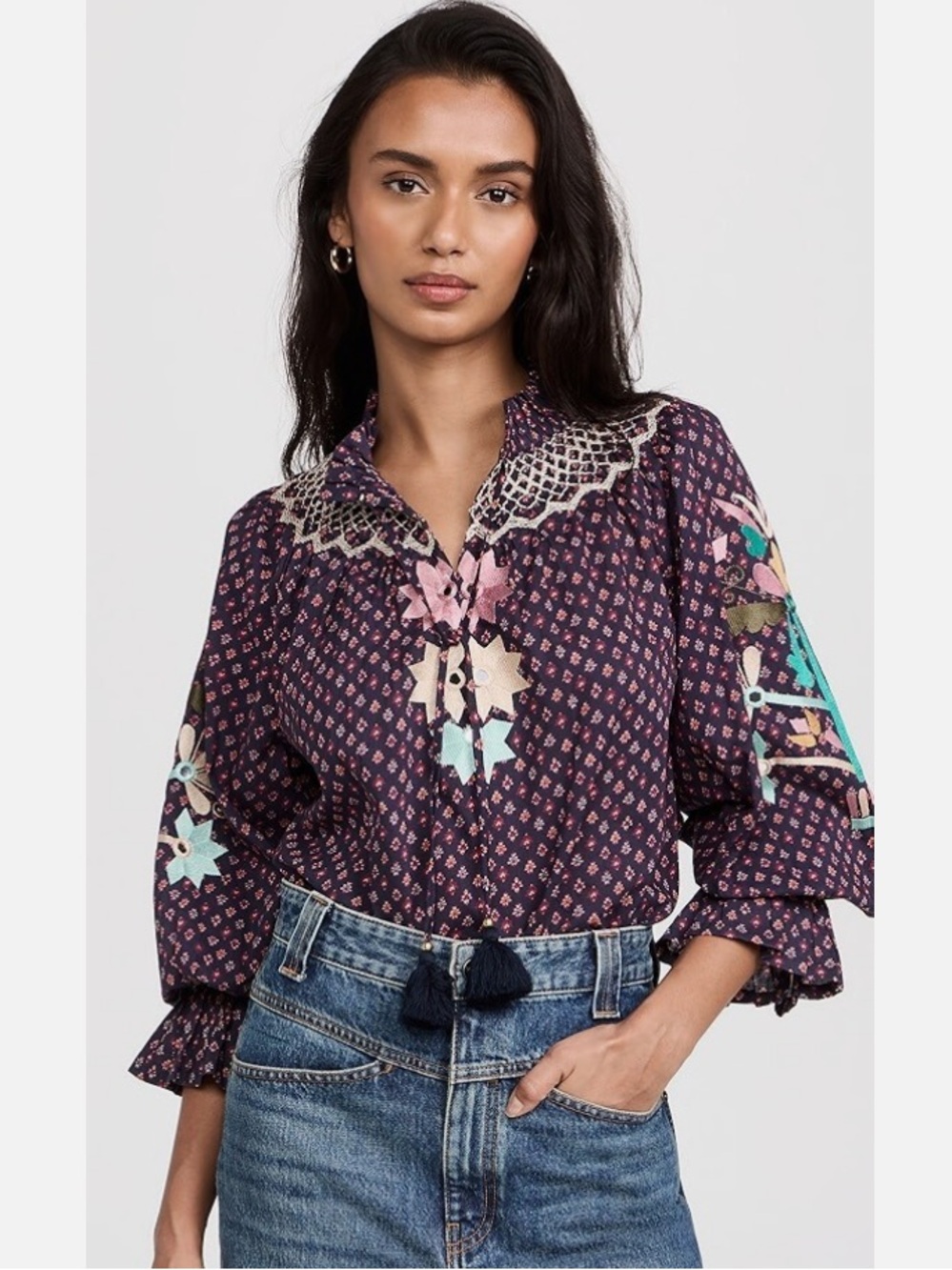 Figure- Embroidered Tie-Front Navy Floral Peasant Blouse - Mint Condition